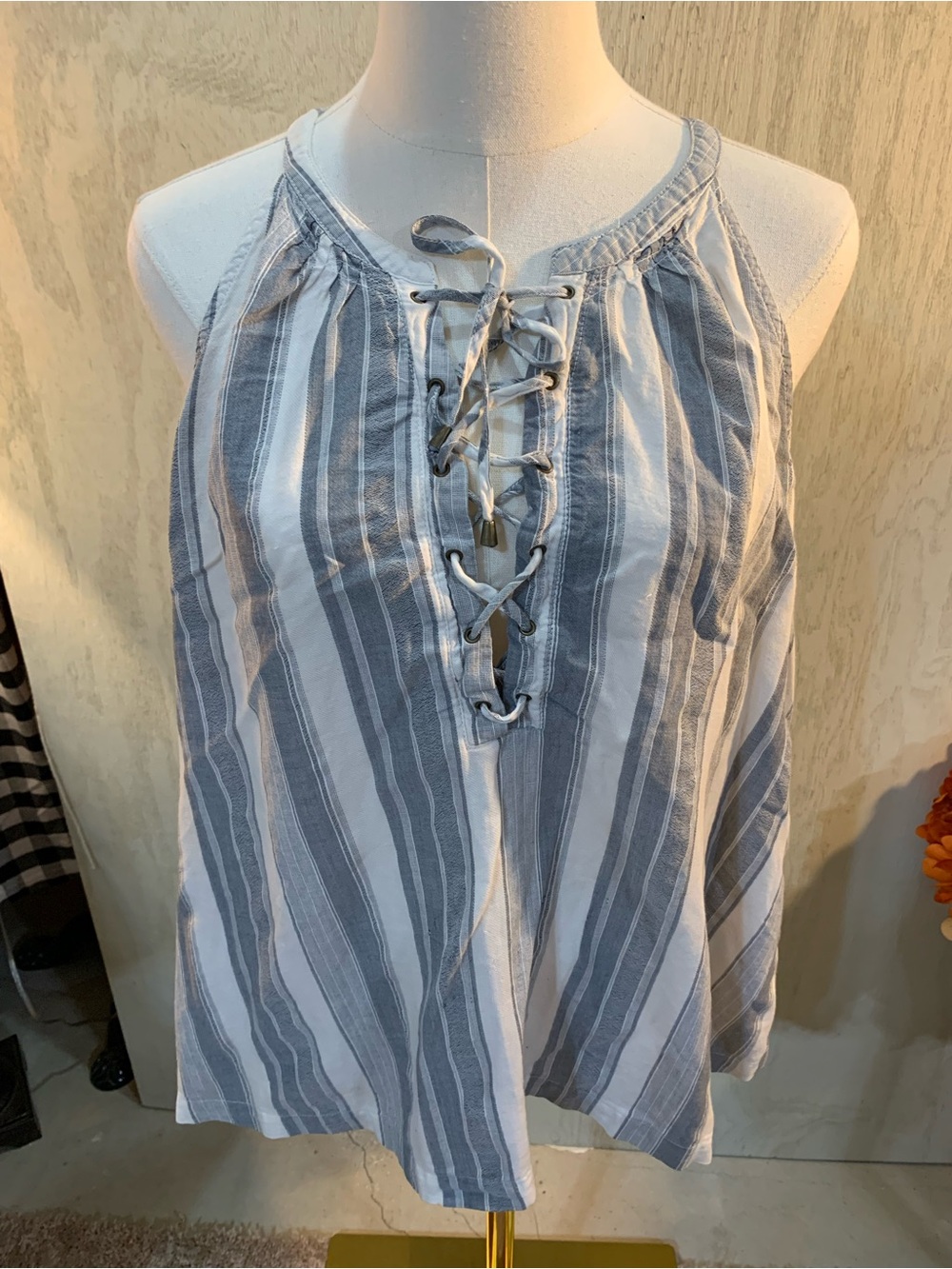 Faded Glory Blue & White Striped Lace-Up Halter Tank
